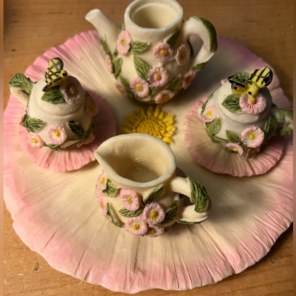 Vintage hard clay tea set with3D flowers great gift for little girls /display